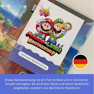 Puede incluir: Un manual para el videojuego "Mario & Luigi: Brothership" con Mario y Luigi. La portada muestra a los personajes con sus trajes característicos. El texto "Inoffizielle Spielanleitung" es visible. Una bandera alemana está en la esquina.