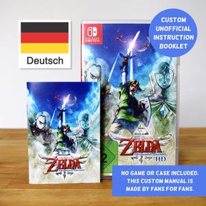 Puede incluir: Una caja de juego de Nintendo Switch y un folleto de instrucciones personalizado para "The Legend of Zelda: Skyward Sword HD". La caja presenta una ilustración vibrante de Link y otros personajes. El folleto está etiquetado como "Custom Unofficial Instruction Booklet".
