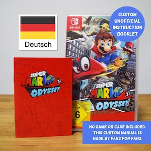 Könnte beinhalten: Ein rotes und weißes benutzerdefiniertes Anleitungsheft für das Videospiel Super Mario Odyssey für die Nintendo Switch. Das Heft zeigt das Logo und die Charaktere des Spiels. Der Text auf dem Heft lautet "Benutzerdefiniertes inoffizielles Anleitungsheft".