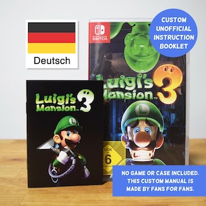 Könnte beinhalten: Ein individuelles Anleitungsheft für das Nintendo Switch-Spiel Luigi's Mansion 3. Das Heft ist grün und schwarz mit einem Bild von Luigi auf der Vorderseite. Der Text auf der Vorderseite lautet "Luigi's Mansion 3" und "Benutzerdefiniertes inoffizielles Anleitungsheftlet".