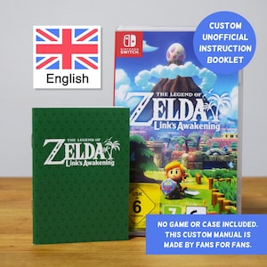 Può includere: Un libretto di istruzioni per il gioco Nintendo Switch The Legend of Zelda: Link's Awakening. Il libretto ha uno sfondo verde con un logo Zelda bianco e il testo "The Legend of Zelda: Link's Awakening". Il libretto è accanto alla custodia del gioco, che presenta un'immagine colorata di Link e il titolo del gioco.