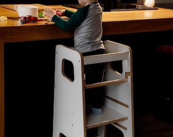 Montessori-Küchen-Lernturm | Höhenverstellbarer Sicherheitshocker Weiss oder Eiche