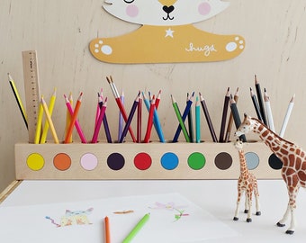 Montessori wood pencil holder for kids, desk organizer for kids, school crayon holder, colorful crayon sorter, colorful crayon pencil holder