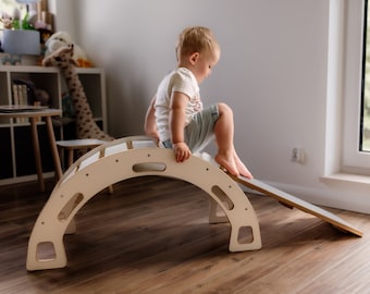 Montessori Holzwippe für Kinder, Montessori Holzwippe, Geschenk für Baby, Beste Qualität, Rutsche und Kletterwand, Schlafmatratze, Schreibtisch