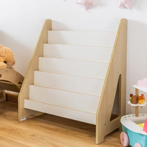 Regał Montessori – organizer na książki i zabawki dla maluchów, nowoczesny, minimalistyczny design Oak/White
