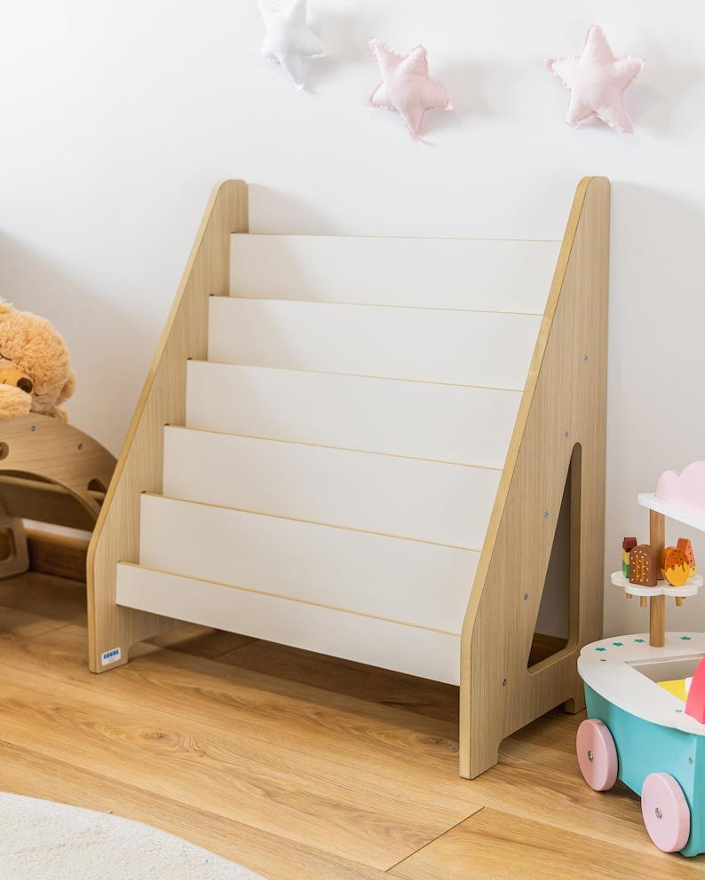 Regał Montessori – organizer na książki i zabawki dla maluchów, nowoczesny, minimalistyczny design Oak/White