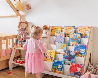 Regał Montessori MAXI i półka na zabawki – organizer na książki i zabawki dla malucha – regał do przechowywania w pokoju dziecięcym – zestaw mebli Montessori – BIAŁY