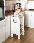 Kitchen Helper for Kids with Safety Gate – Montessori Learning Tower in White – Secure Toddler Stool with Slide Lock – Ages 1+