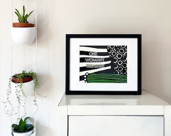 Einzigartige Marimekko eingerahmte Handstickerei Kunst ONE WOMAN'S TREASURE