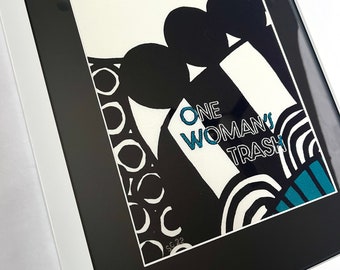 Einzigartige Marimekko eingerahmte Handstickerei Kunst ONE WOMAN'S TRASH