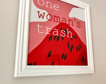 Einzigartige Marimekko eingerahmte Handstickerei Kunst ONE WOMAN'S TRASH