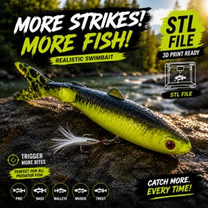 Puede incluir: Un señuelo de nado realista con un cuerpo amarillo y negro, ojo rojo y cola de plumas blancas. El texto dice "MORE STRIKES! MORE FISH!" y "STL FILE 3D PRINT READY". El señuelo está diseñado para provocar más picadas y pescar más peces.