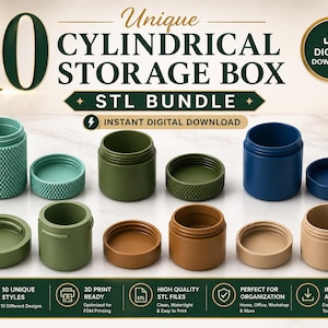 Op de afbeelding: Een verzameling van tien cilindrische opbergdozen in verschillende kleuren, waaronder teal, groen en bruin, met bijpassende deksels. De afbeelding bevat de tekst "Unique Cylindrical Storage Box STL Bundle" en "Digital Download."