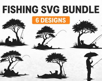 Paquete de archivos SVG de siluetas de pesca, escena de lago con pescadores (6 diseños)