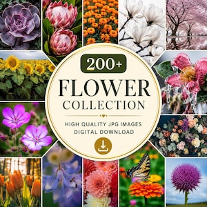 Può includere: Una collezione digitale di oltre 200 immagini di fiori con un'etichetta circolare centrale con il testo 200+ FLOWER COLLECTION HIGH QUALITY JPG IMAGES DIGITAL DOWNLOAD e un'icona di download, circondata da un collage di varie foto floreali.