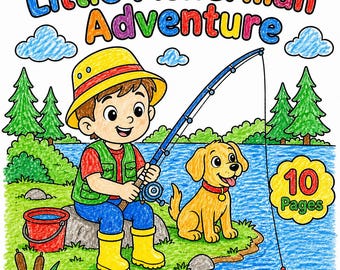 Libro para colorear de aventuras del pequeño pescador: actividad de pesca al aire libre para niños (PDF de 10 páginas)