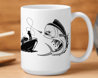 Ilustración vectorial de un barco de pesca y un pez / Archivos SVG, PNG y DXF de un pescador (descarga digital)