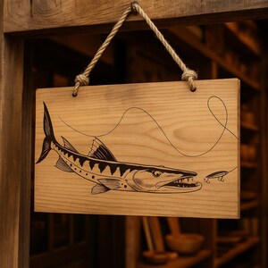 Könnte beinhalten: Rechteckiges Holzschild mit detaillierter schwarzer Illustration eines Barrakudas und eines Angelköders. Das Schild ist an einem Naturseil aufgehängt. Der Hintergrund ist unscharf.