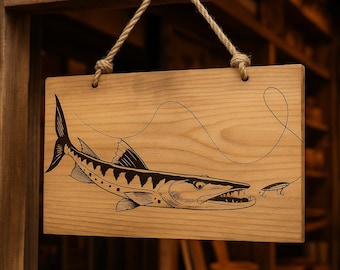 Diseño de arte mural con señuelo de pesca de barracuda / Letrero de madera grabado con láser (Descarga digital)
