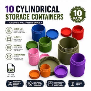 Stackable Storage Jar STL Bundle, Screw Lid Storage Container, 3D Print Workshop Organizer