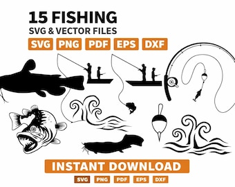 Paquete de archivos SVG de pesca, diseños de pesca de lubina y bagre, archivos de corte Cricut de pesca (descarga digital)