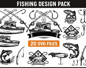 Paquete de archivos SVG de pesca, 20 diseños de siluetas, gráficos de peces, barcos y cañas de pescar (descarga digital)