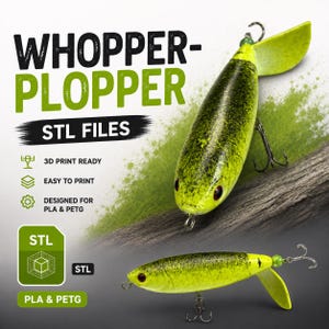 May include: A pair of yellow and black Whopper Plopper fishing lures with the text "WHOPPER-PLOPPER STL FILES". The lures are designed for 3D printing and are ready for PLA & PETG materials.
