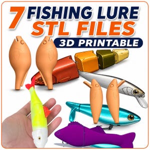 May include: An image showcasing seven 3D printable fishing lure STL files. The lures are in various colors and designs, including orange, red, yellow, silver, blue, and purple. The text "7 FISHING LURE STL FILES" and "3D PRINTABLE" are displayed.