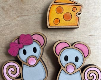 Hand Painted Mouse & Cheese Magnets: Laser Cut Wood, Set of 3