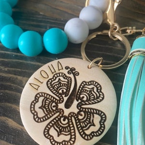 ALOHA Keychain Silicone Beaded Bracelet Wristlet Engraved Custom  Personalized Keychain Gift