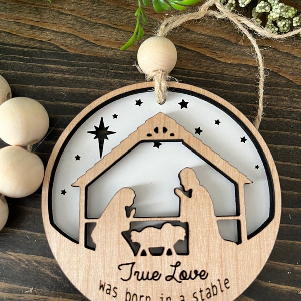 Christmas Ornament 3D  NATIVITY SCENE "True Love was born in a stable" with wood bead Handmade WOOD Ornaments