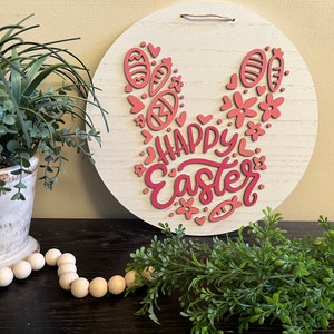 Pink Easter Bunny Wood Sign: 3D Wall Decor (12 inch)