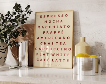 Grafika z menu kawowym, wystrój kawiarni kuchennej, plakat z espresso latte, nowoczesna sztuka ścienna baristy