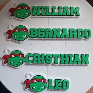 May include: Four name tags featuring a green turtle character with a red mask, each with a different name in green letters: William, Bernardo, Cristhian, and Leo. The tags are on a white surface.