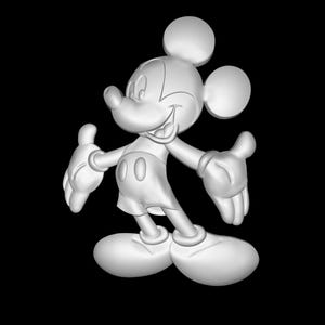 May include: A white, three-dimensional model of Mickey Mouse with large ears, a wide smile, and outstretched arms.