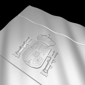 Könnte beinhalten: Eine weiße Flagge mit einem silbernen, geprägten Wappen, das eine Krone, einen Löwen und einen Schild mit einem Kettenmuster zeigt.