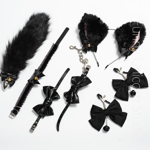 Black BDSM starter/includes ears,collar,fox butt plug tail,nipple,handcuffs/ Cosplay/fox ear/rabbit tail/Intimate Jewelry/bdsm toys/LGBTQ