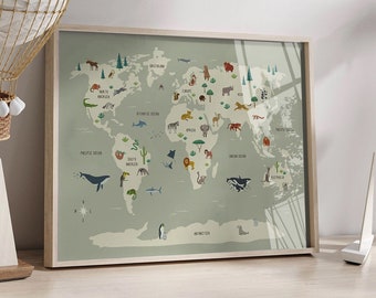 Animal World Map Print: Kids Educational Wall Art (Digital Download)
