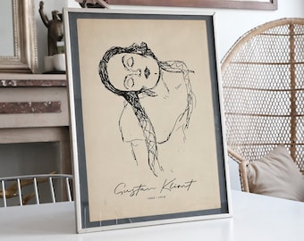 Gustav Klimt, Sketch Poster, Pencil Sketch, Minimalist, Klimt Art, Woman Sketch, Gustav Klimt Poster, Linear Art, Home Decor, Wall Art