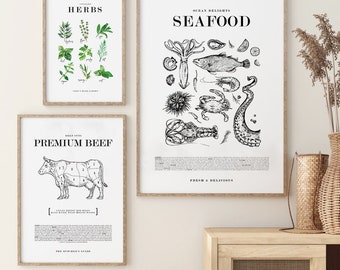 Set of 3 Posters, Modern Kitchen Decor, Minimal Poster, Minimalism, Kitchen Art, Butcher Poster, Herbs Poster, Seafood Poster, Gallery Wall