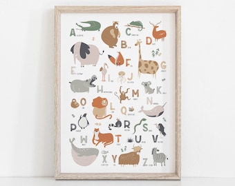 Animal Alphabet Poster: Neutral Nursery, Educational ABC Print (Digital Download)