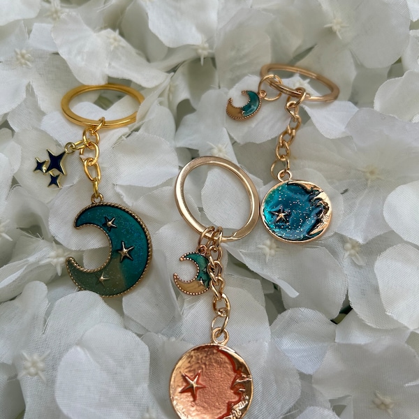 Moon shimmer enamel Keyring with smaller moon charm or stars charm