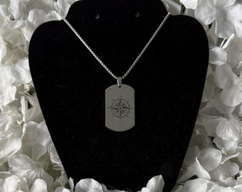 Compass Etched Stainless Steel dog tag style pendant necklace