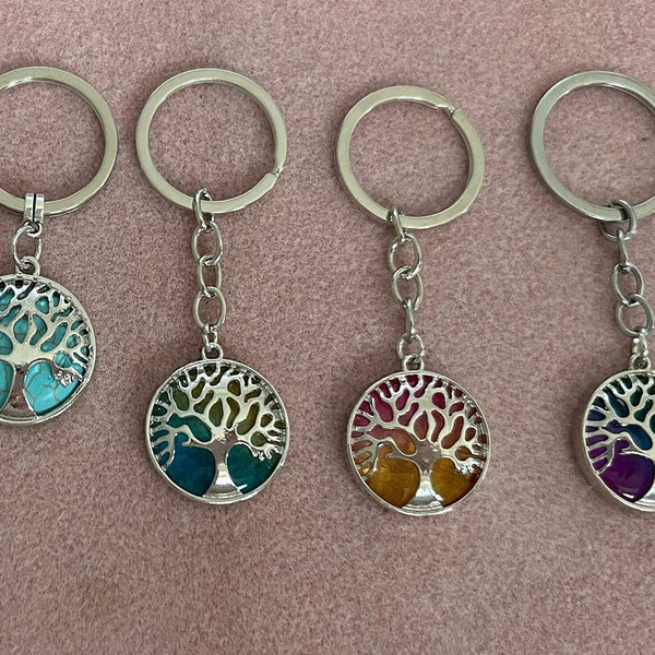 Tree of life turquoise or coloured crystal Keyring silver tone