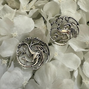 May include: Two silver-toned metal charms featuring a dragon design. The dragon is in a circular shape with its wings spread out. The charms are on a white background.