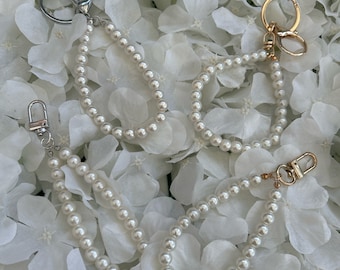 Faux Pearl  bag charms  silver or gold tone keyring… ring with clip or clip on clasp