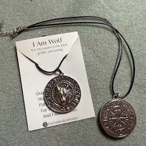 Wolf & Runes Double Sided 3d  Pendant Charm  “I am Wolf” Viking Amulet on black thong choker necklace