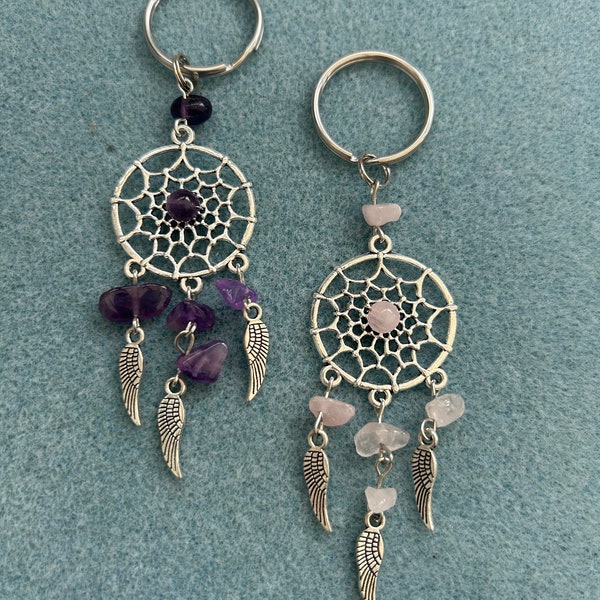 Rose Quartz or Amethyst Crystal Dreamcatcher Keyring Keychain Bag Charm