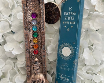 Bronze Resin Buddha Incense Stick Burner/ Holder  with 7 chakra coloured crystals & White Sage Incense The Sun Sticks