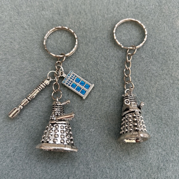 Dr Who large 3D Dalek keyring with or without Police box Tardis & sonic screwdriver charms